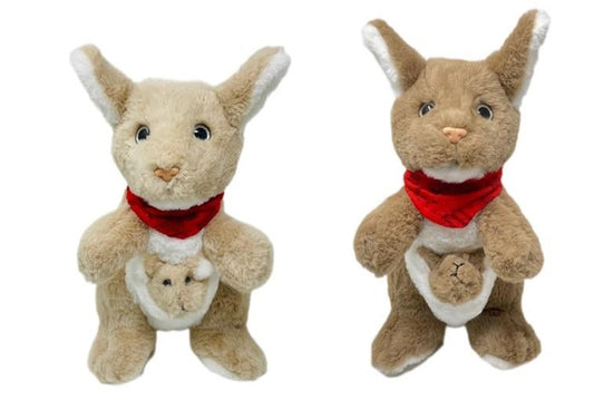 BOHS Kangaroo Stuffed Animal Toy with Joey in Pouch and Australia Scarf - Soft and Cuddly Plush Toy for Kids -