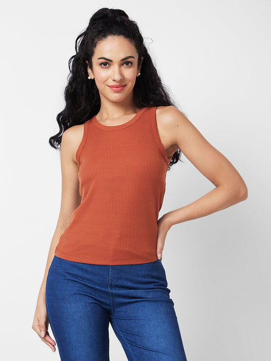 Spykar Round Neck Sleeveless Brown T-shirt For Women #WKTFT1BD021