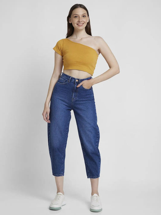 Spykar Women Mid Blue Cotton Baggy Fit Crop Length Clean Look Jeans #WDNYNR2BC163
