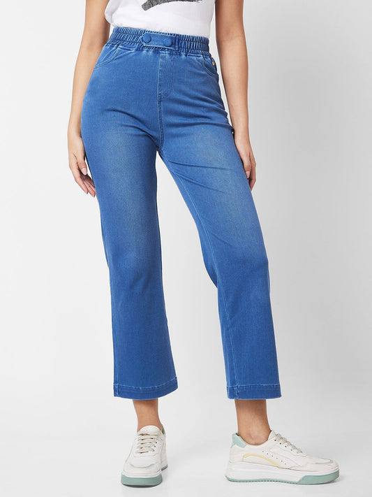 Spykar High Rise Wide Leg Blue Knits Pant For Women #WKTR1BD028