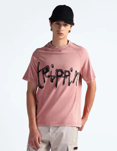 FLYING MACHINE  Men Printed Round Neck Cotton Blend Pink T-Shirt FMTSH5775