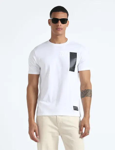 FLYING MACHINE  Men Printed, Typography Round Neck Cotton Blend White T-Shirt FMTSH5888