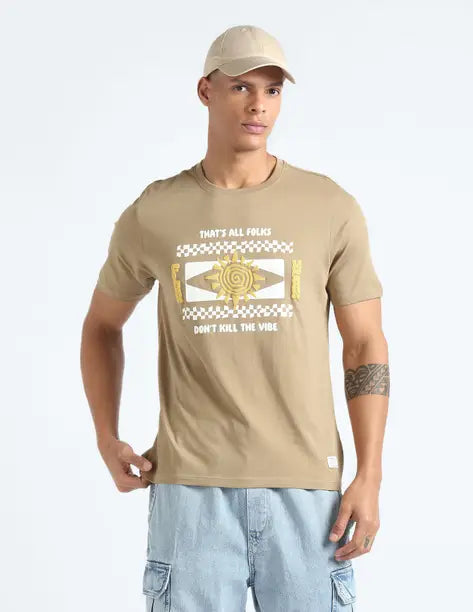 FLYING MACHINE  Men Printed, Typography Round Neck Cotton Blend Brown T-Shirt FMTSH5894