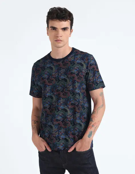 FLYING MACHINE  Men Printed Crew Neck Cotton Blend Blue T-Shirt FMTSH5957