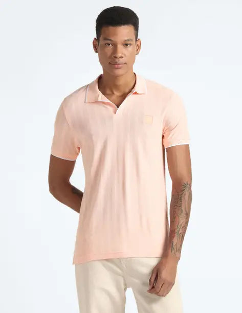 FLYING MACHINE  Men Solid Polo Neck Cotton Blend Pink T-Shirt FMTSH6195