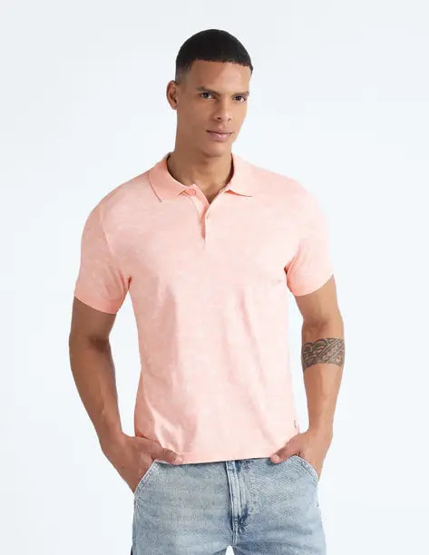 FLYING MACHINE  Men Solid Polo Neck Cotton Blend Pink T-Shirt FMTSH6263