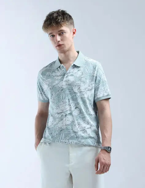 FLYING MACHINE  Men Floral Print Polo Neck Pure Cotton Blue T-Shirt FMTSH9273