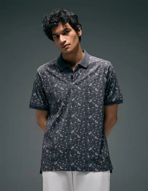 FLYING MACHINE  Men Striped Polo Neck Pure Cotton Grey T-Shirt FMTSH9318