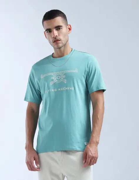 FLYING MACHINE  Men Graphic Print Round Neck Pure Cotton Blue T-Shirt FMTSH9399