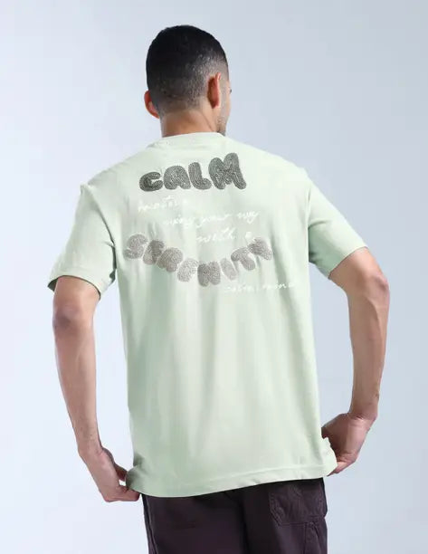 FLYING MACHINE  Men Embroidered Round Neck Pure Cotton Green T-Shirt FMTSH9444