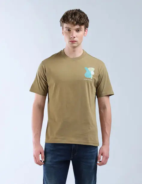 FLYING MACHINE  Men Graphic Print Round Neck Pure Cotton Brown T-Shirt FMTSH9445