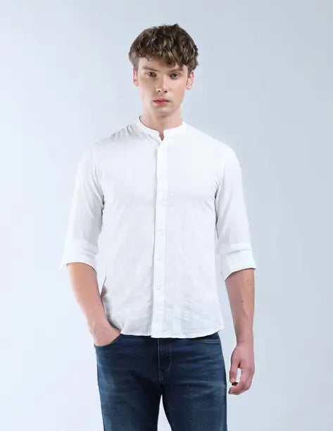 FLYING MACHINE  Men Slim Fit Self Design Mandarin Collar Casual Shirt FMSHT4754