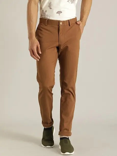 INDIAN TERRAIN  Men Slim Fit Brown Cotton Blend Trousers ITMTR01173