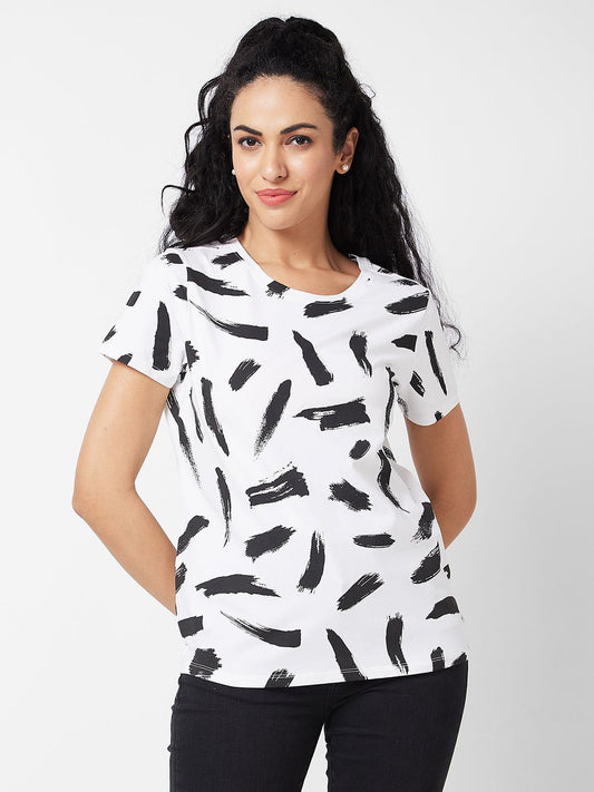 Spykar Round Neck Half Sleeves White BLACK T-shirt For Women #WKTFT1BD053