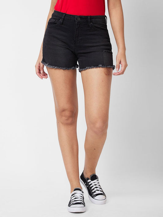 Spykar Mid Rise Black Shorts For Women #WSRD1BD004