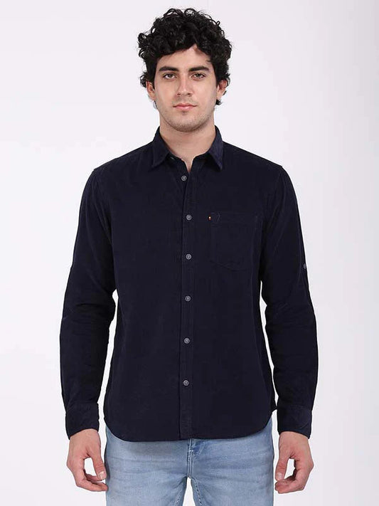 Indian Terrain Men Solid Full Sleeve Cotton Blend Shirt ITMSH07744LS Navy Shade