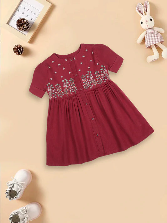 Mee Mee Wine Cotton Frock with Embroidered Design and Button-Down Front for Baby Girls