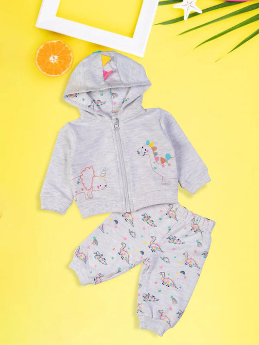 Mee Mee Cotton Jogger Set – Grey Melange Hooded Jacket & Printed Joggers