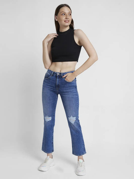 Spykar Women Mid Blue Lycra Slim Straigth Fit Ankle Length Slash Knee Jeans #WDNEMM2BC119