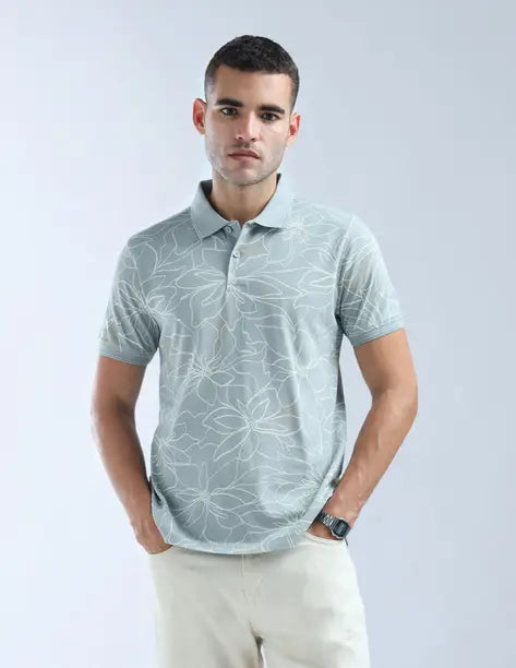 FLYING MACHINE  Men Floral Print Polo Neck Pure Cotton Blue T-Shirt