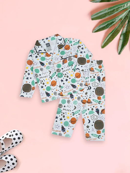 Mee Mee Boys' Cotton Night Suit – White, Space-Themed Print