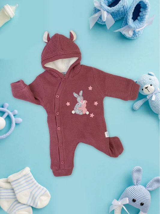 Mee Mee Pink Acrylic Knitted Baby Romper – Hooded Winter Wear with Cute Bunny Embroidery