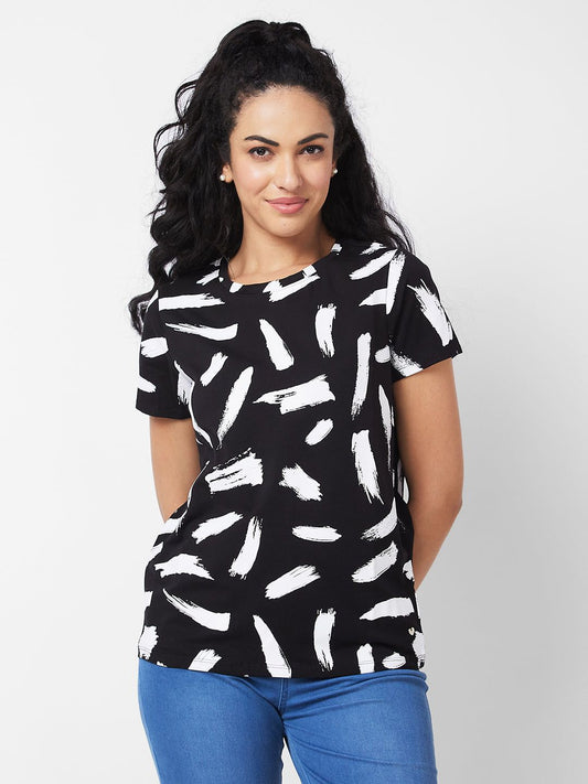 Spykar Round Neck Half Sleeves White BLACK T-shirt For Women #WKTFT1BD053