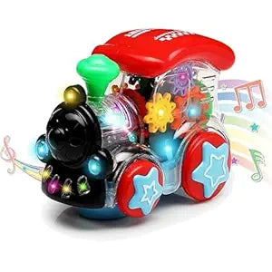 KIDDIFY Toys Battery Operated Gear Transparent Train Engine Toy with LED Lights and Musical Sound | Bump & Go Action Toy Train Engine for Kids | Multicolor, Power Source: 3xAA Battery (Not Included)