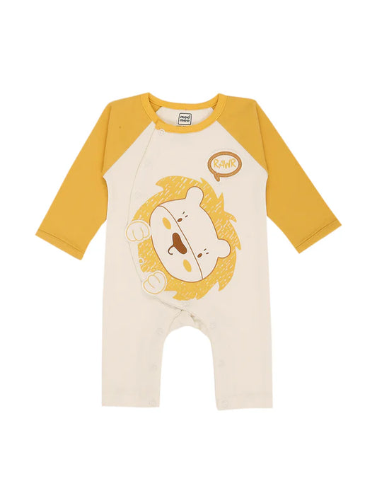 Mee Mee White Cotton Romper with Lion Print & Contrast Raglan Sleeves