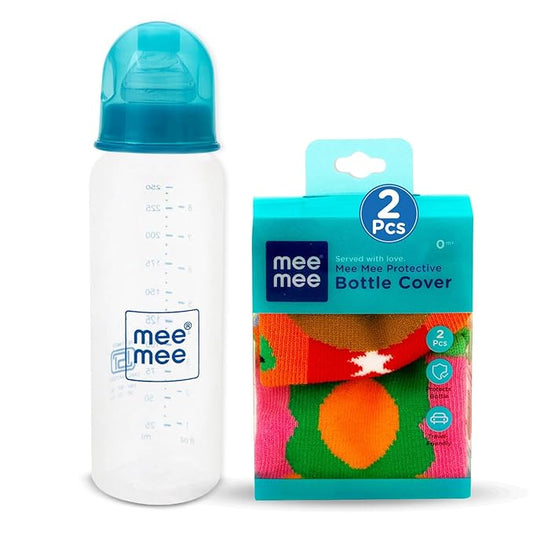 Mee Mee Soft Plush Animated Overall Print Stretchable Baby Feeding Bottle Cover (Pk-2) Multicolour/Eazy Flo Premium Baby Feeding Bottle with Anti-Colic Pack of 1(Blue, 250 ml)