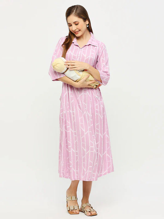 Mee Mee Women's Lilac Maternity Dress | Soft Rayon | Collared Neck & 3/4th Sleeves