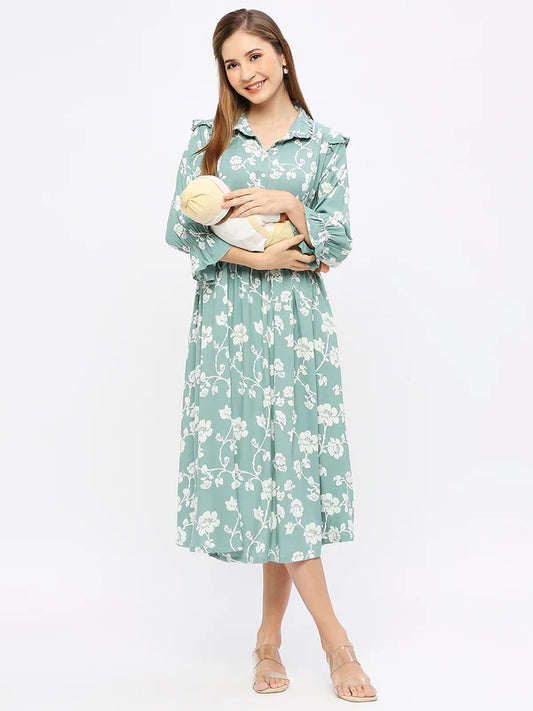 Mee Mee Rayon Maternity Dress – Floral Print, Button-Down, Collared Neck, Comfortable Fit