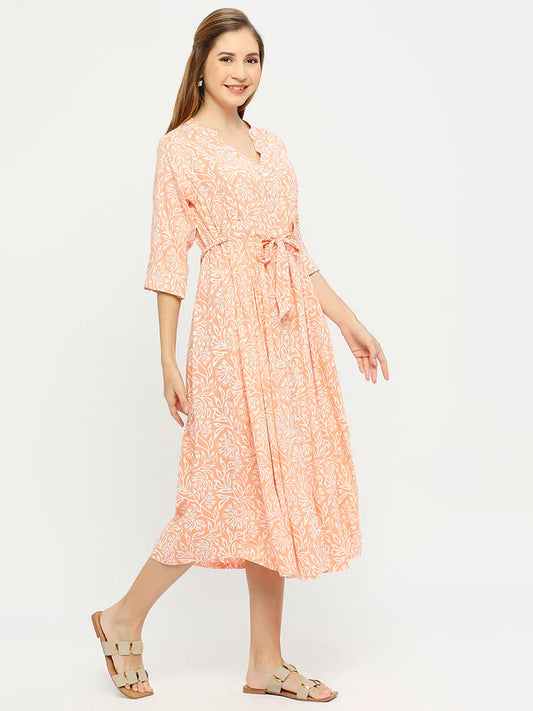 MEE MEE Orange Printed Rayon Maternity Dress – Stylish, Comfortable & Nursing-Friendly