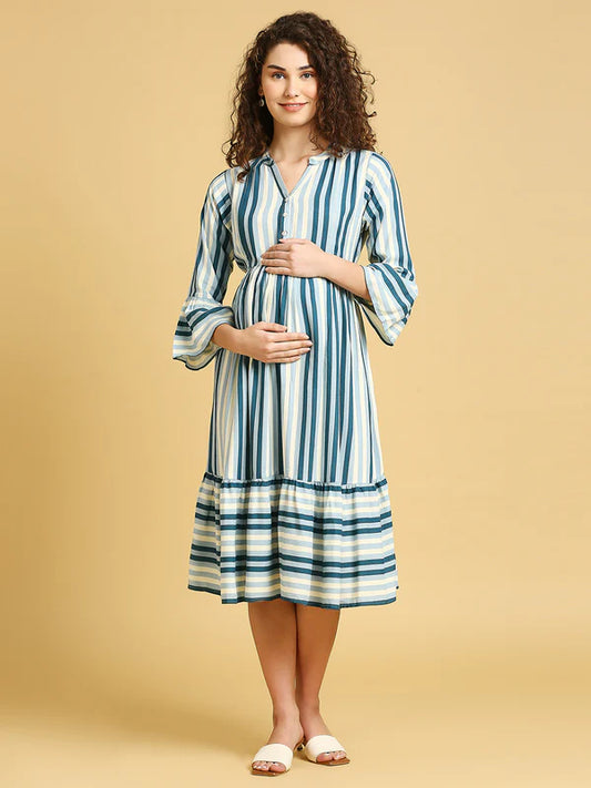 MeeMee Striped Blue Maternity Midi Dress SKU: 8907233525466