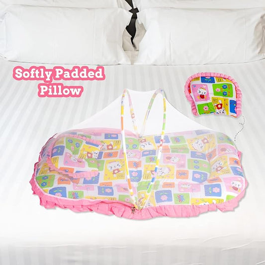 Mee Mee Baby Mattress Set with Mosquito Net and Pillow (Pink) (MM-1429 B_Pink) (599.0mm L X 132.0mm W)