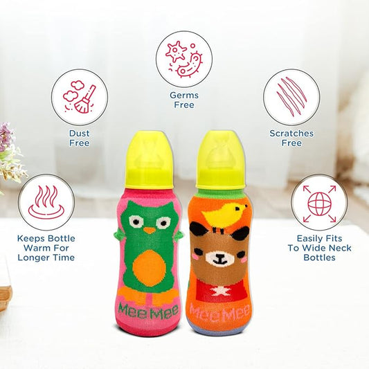 Mee Mee Soft Plush Animated Overall Print Stretchable Baby Feeding Bottle Cover (Pk-2) Multicolour/Eazy Flo Premium Baby Feeding Bottle with Anti-Colic Pack of 1(Blue, 250 ml)