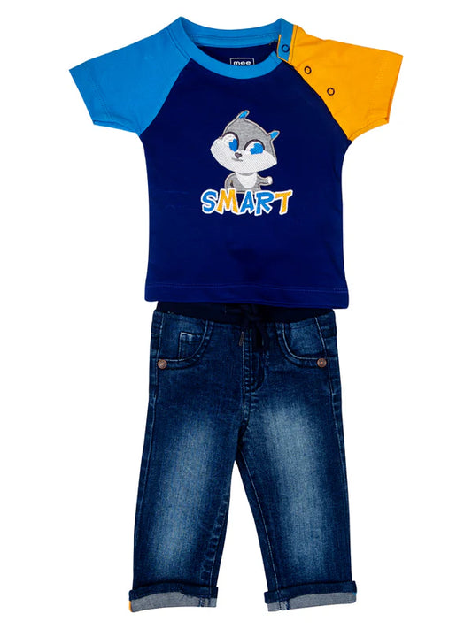 Printed Blue Tee With Denim Pants- White & Dark Blue
