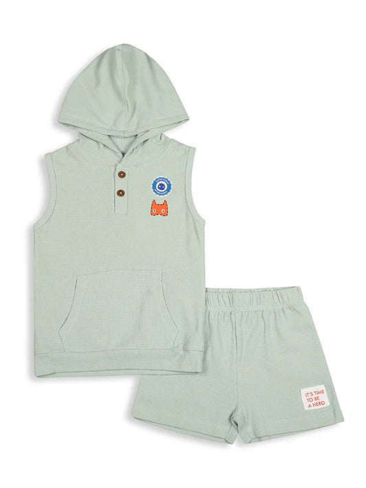 Mee Mee Teal Waffle Fabric Short Set – Sleeveless Hooded Top & Shorts for Kids