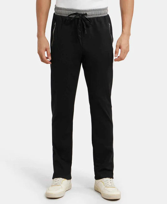 #9510 Super Combed Cotton Rich Slim Fit Trackpant with Side Zipper Pockets - Charcoal Melange & Black