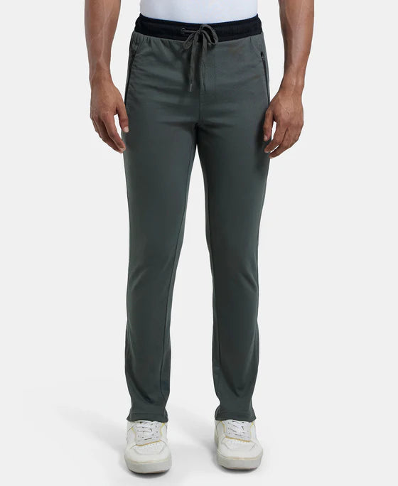 #9510 Super Combed Cotton Rich Slim Fit Trackpant with Side Zipper Pockets - Charcoal Melange & Black