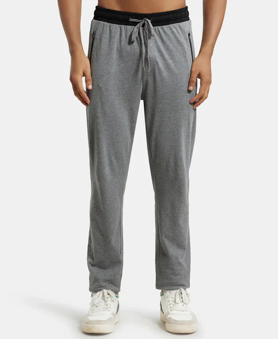 #9510 Super Combed Cotton Rich Slim Fit Trackpant with Side Zipper Pockets - Charcoal Melange & Black