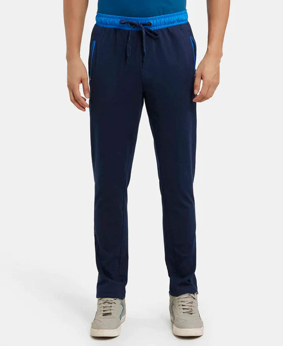 #9510 Super Combed Cotton Rich Slim Fit Trackpant with Side Zipper Pockets - Charcoal Melange & Black