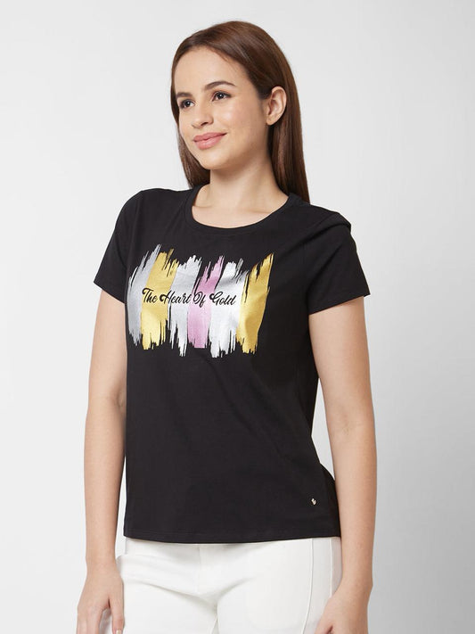 Spykar Round Neck Half Sleeve Black Printed T-Shirt For Women #WKTBC2BC193