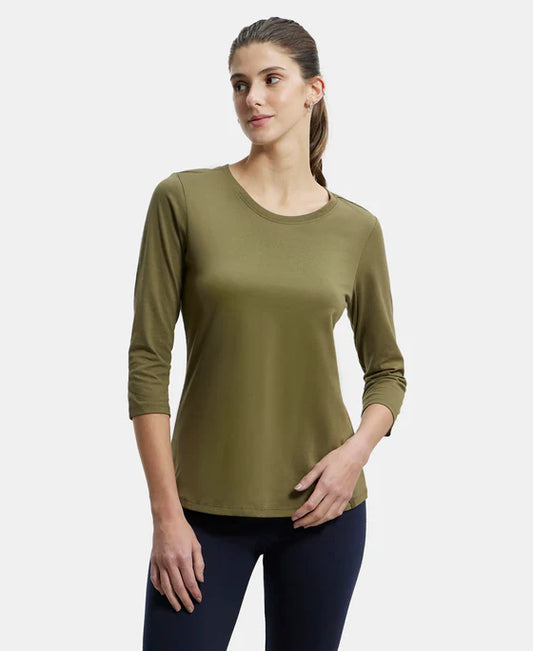#A100 Super Combed Cotton Rich Relaxed Fit Solid Round Neck Three Quarter Sleeve T-Shir