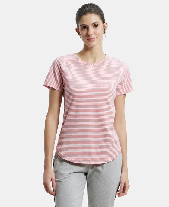 # A121 Super Combed Cotton Stripe Fabric Relaxed Fit Round Neck Half Sleeve T-Shirt with Curved Hem Styling