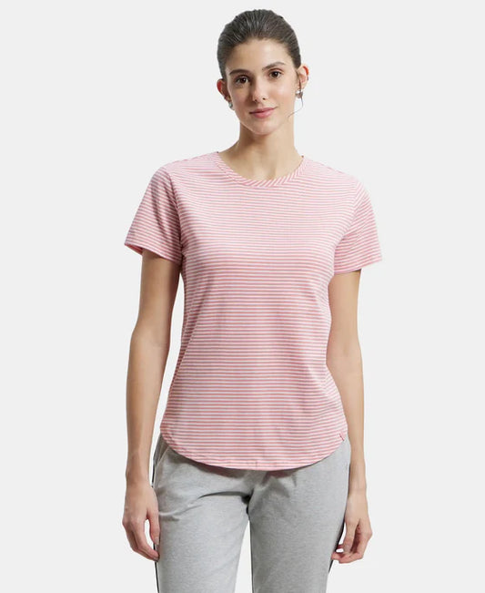 # A121 Super Combed Cotton Stripe Fabric Relaxed Fit Round Neck Half Sleeve T-Shirt with Curved Hem Styling