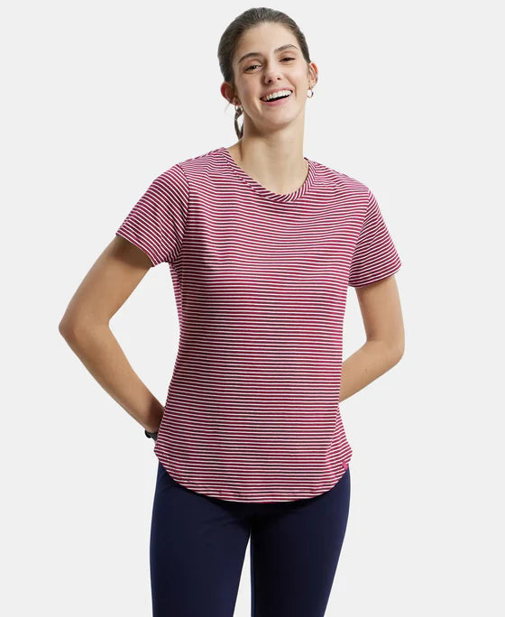 # A121 Super Combed Cotton Stripe Fabric Relaxed Fit Round Neck Half Sleeve T-Shirt with Curved Hem Styling