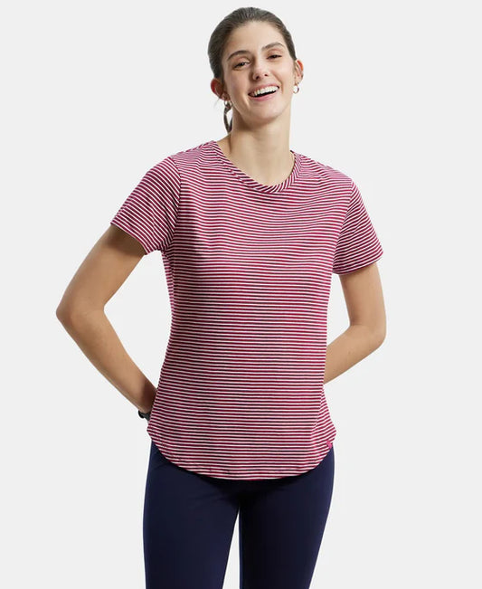 # A121 Super Combed Cotton Stripe Fabric Relaxed Fit Round Neck Half Sleeve T-Shirt with Curved Hem Styling