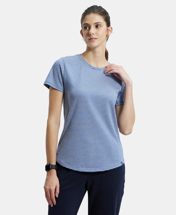# A121 Super Combed Cotton Stripe Fabric Relaxed Fit Round Neck Half Sleeve T-Shirt with Curved Hem Styling