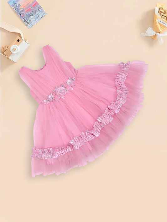 Mee Mee Baby Pink Satin Partywear Frock with Bow & Pearl Embellished Neckline